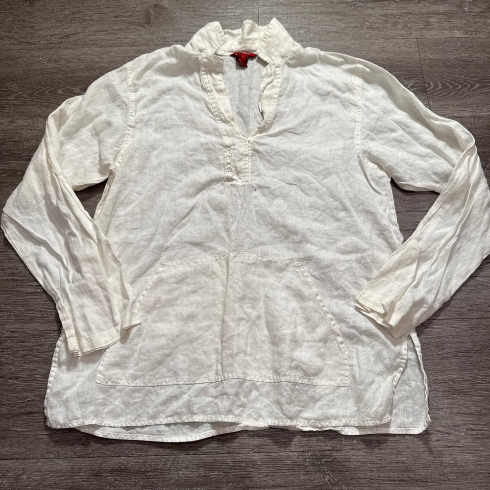Sundance Shirt Women XL White 100% Linen V-Neck‎ Kangaroo Pocket Beachy Coastal